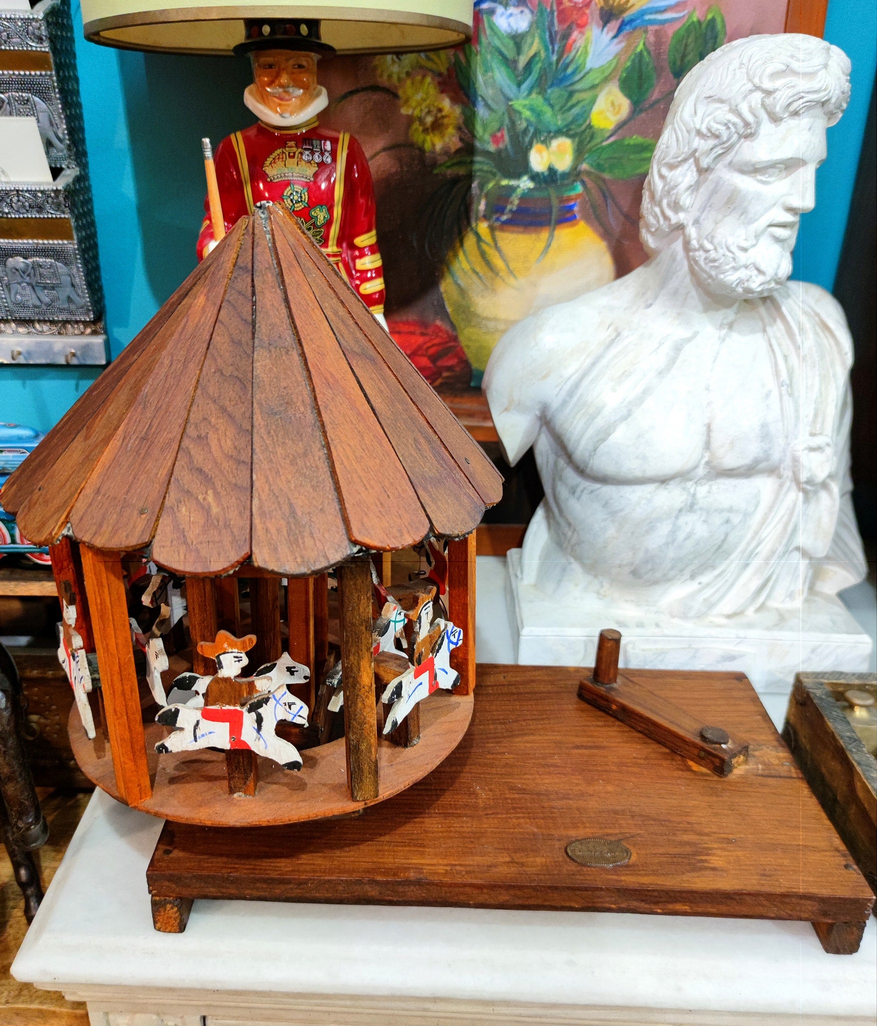 Vintage wooden handmade hand turned carousel