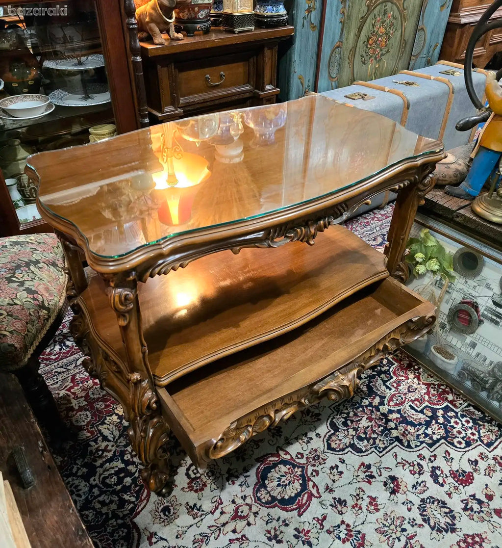 Antique gorgeous and dynamic barocco, with wheels drawer,mahogany wooden trolley