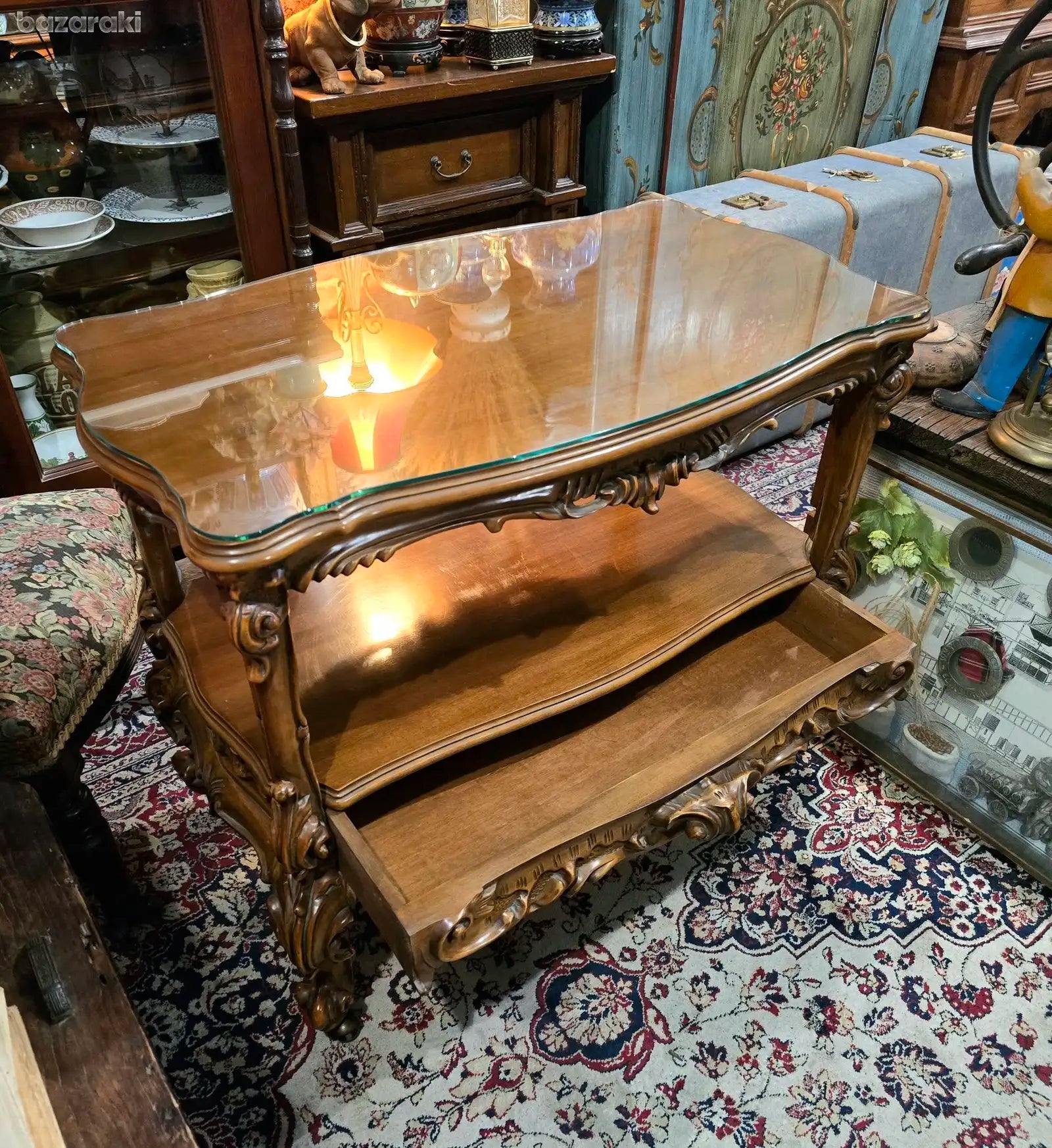 Antique gorgeous and dynamic barocco, with wheels drawer,mahogany wooden trolley