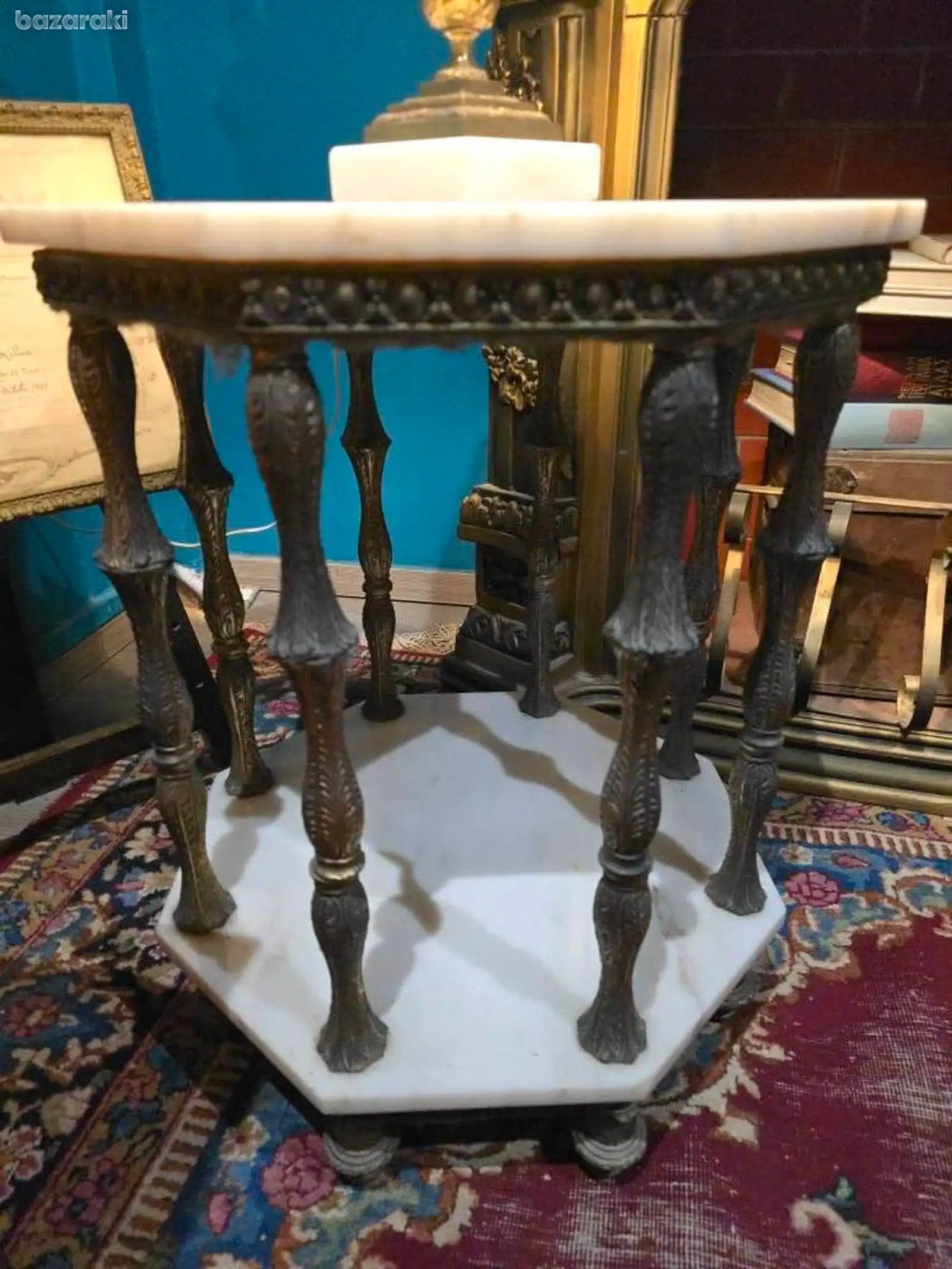 Antique hexagonal white marble top & brass base table