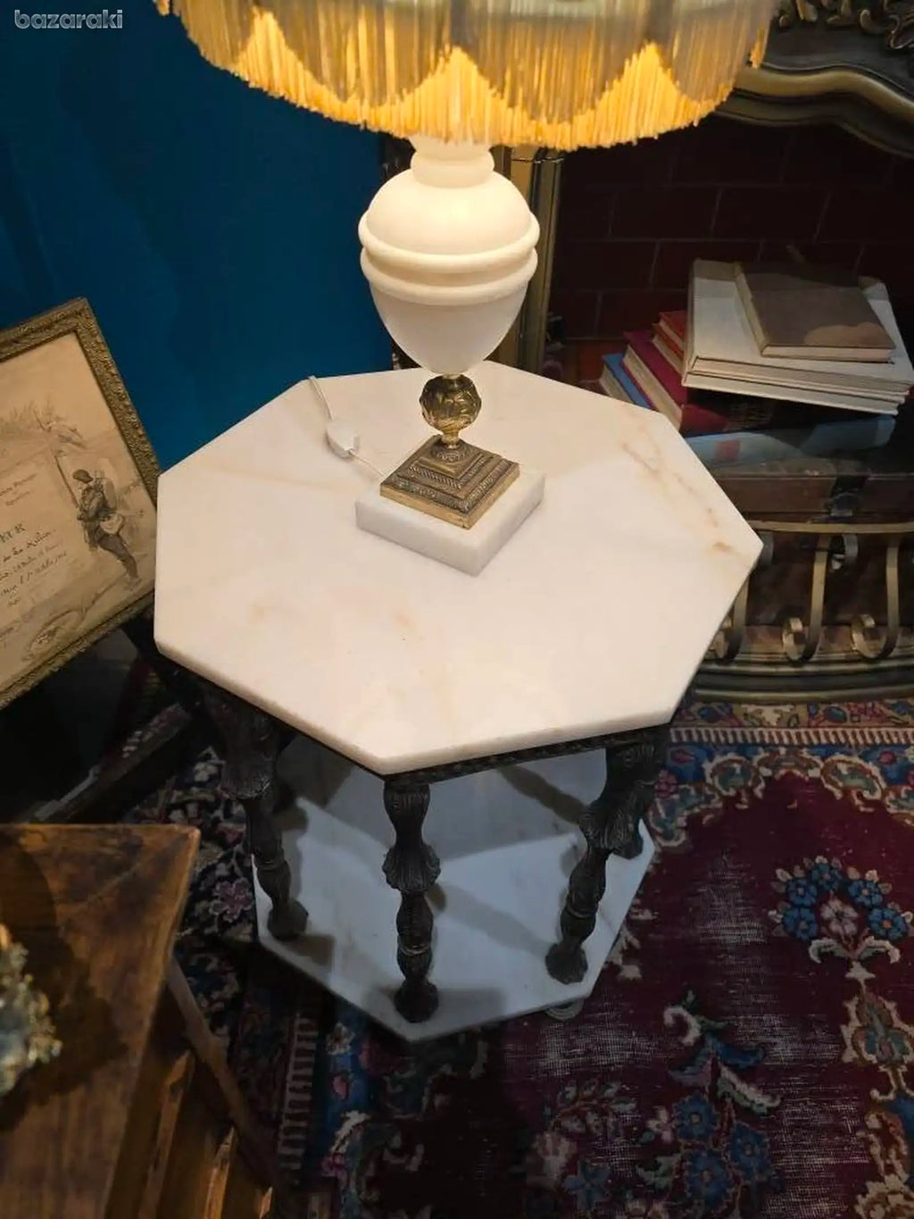 Antique hexagonal white marble top & brass base table