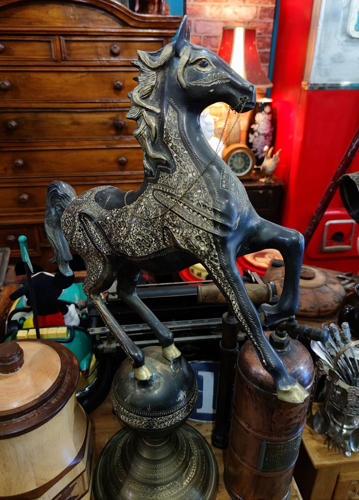 Vintage large metal decorative horse on globe
