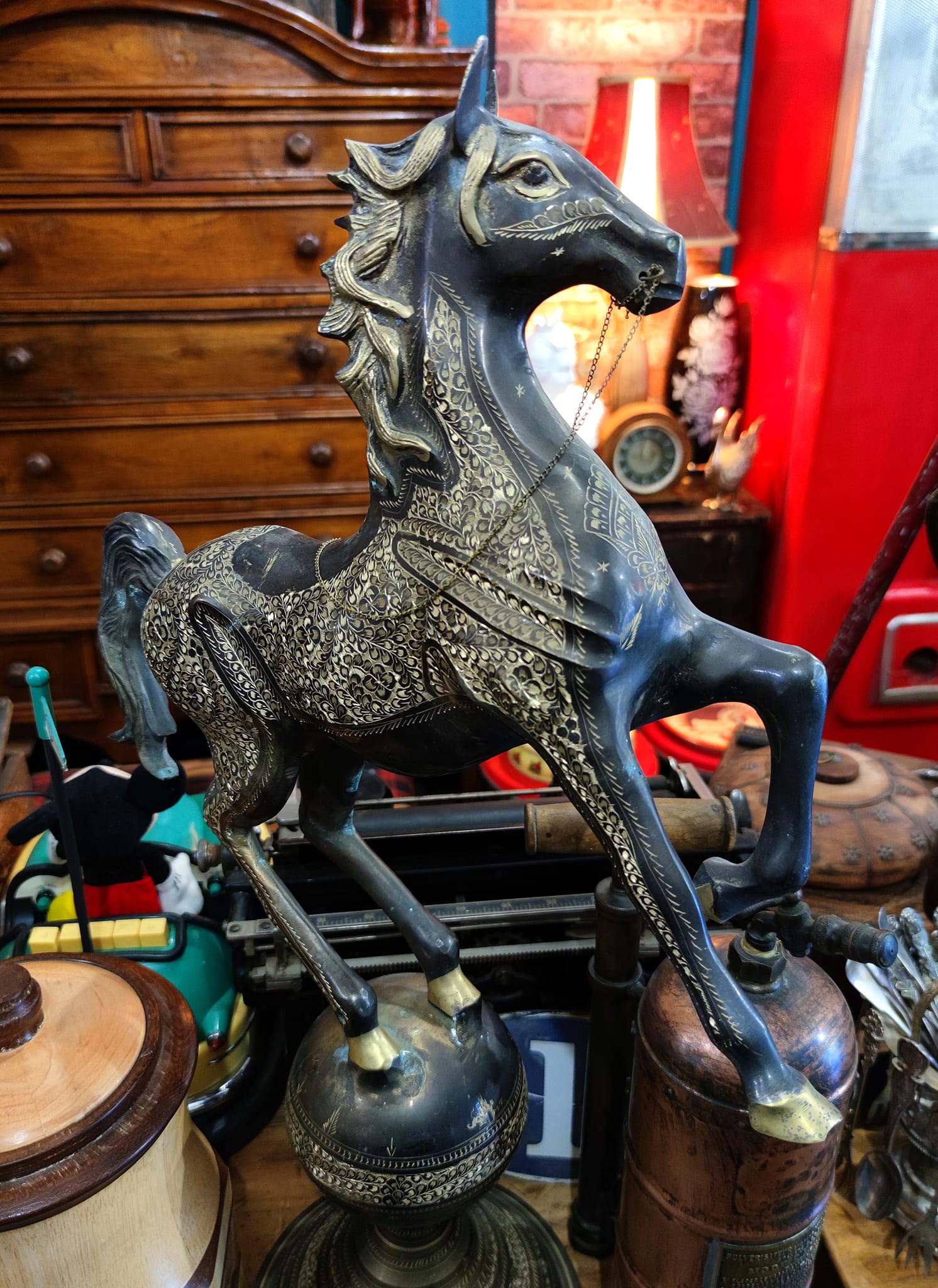 Vintage large metal decorative horse on globe