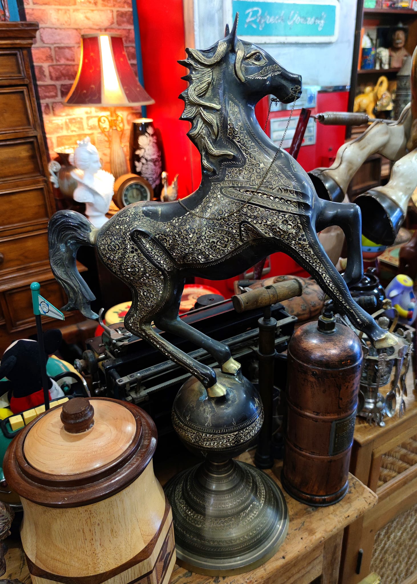 Vintage large metal decorative horse on globe