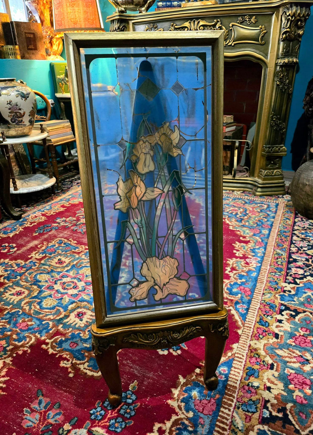 Vintage stained flower glass with french easel