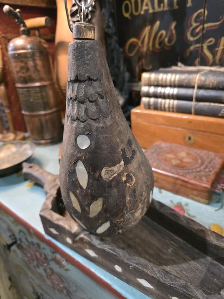 Antique Hand carved Wooden Powder Flask with wooden base