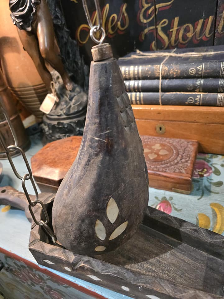 Antique Hand carved Wooden Powder Flask with wooden base