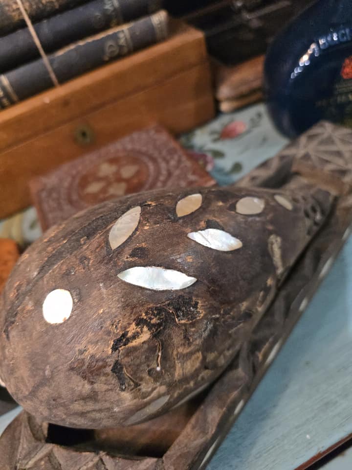 Antique Hand carved Wooden Powder Flask with wooden base