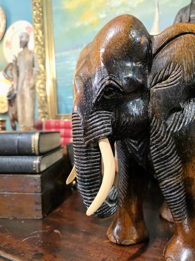 Vintage heavy wood hand carved elephant