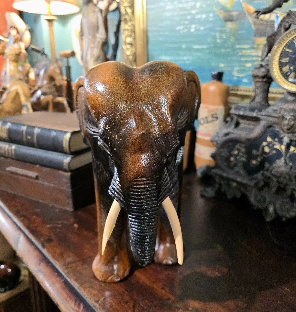 Vintage heavy wood hand carved elephant