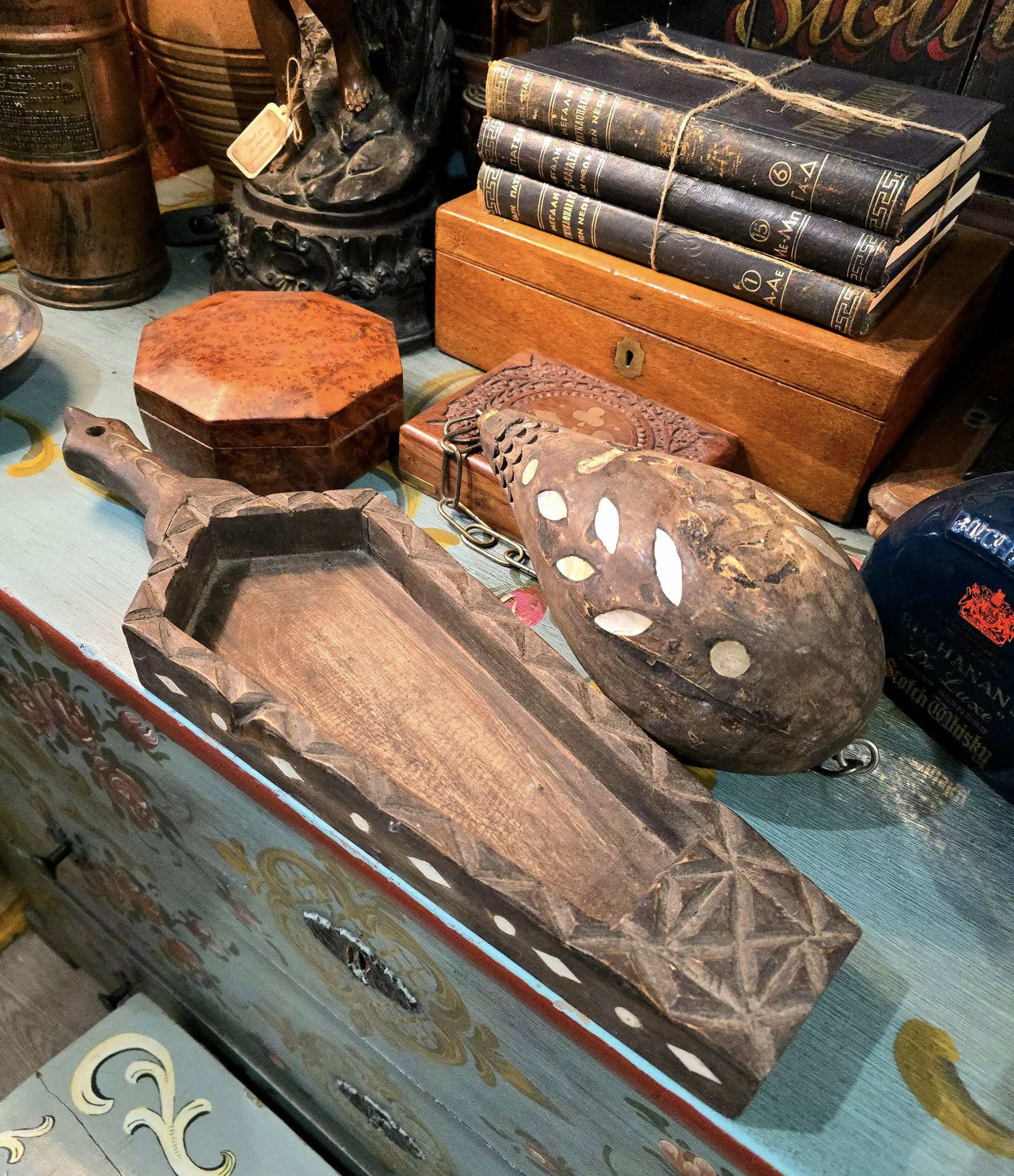 Antique Hand carved Wooden Powder Flask with wooden base
