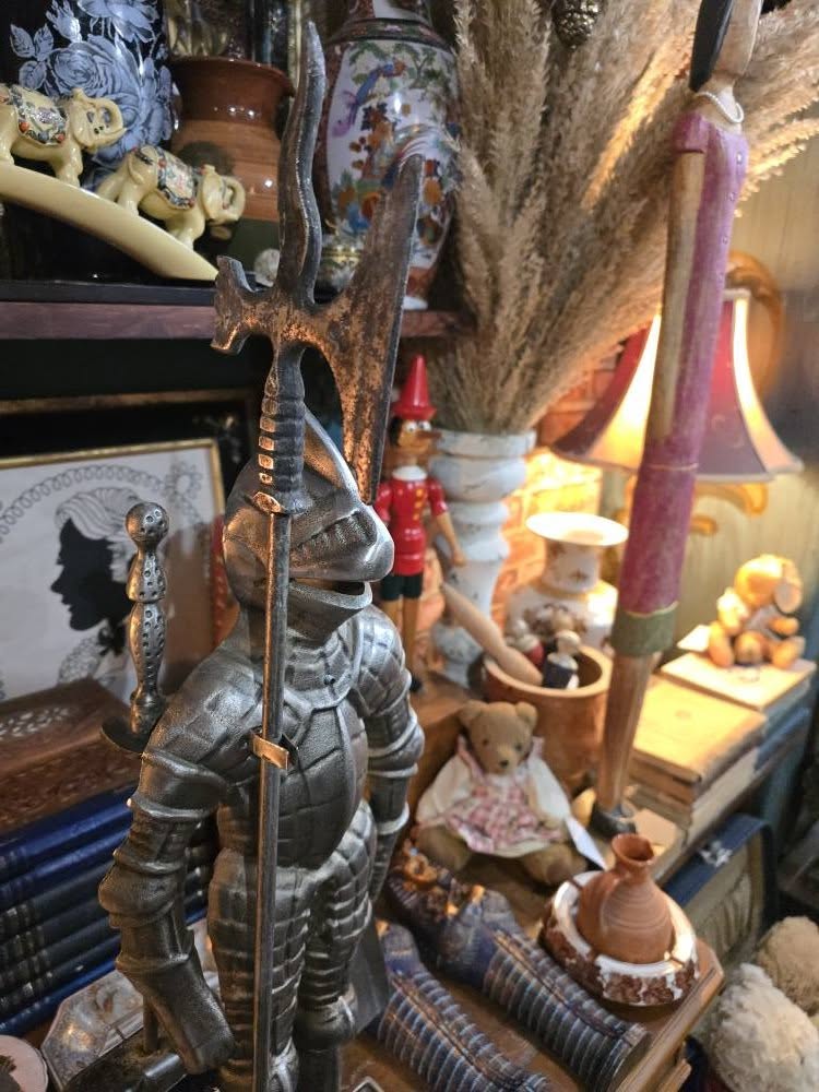 Antique Beautiful Victorian ornate knight soldier cast iron medieval theme fireplace set