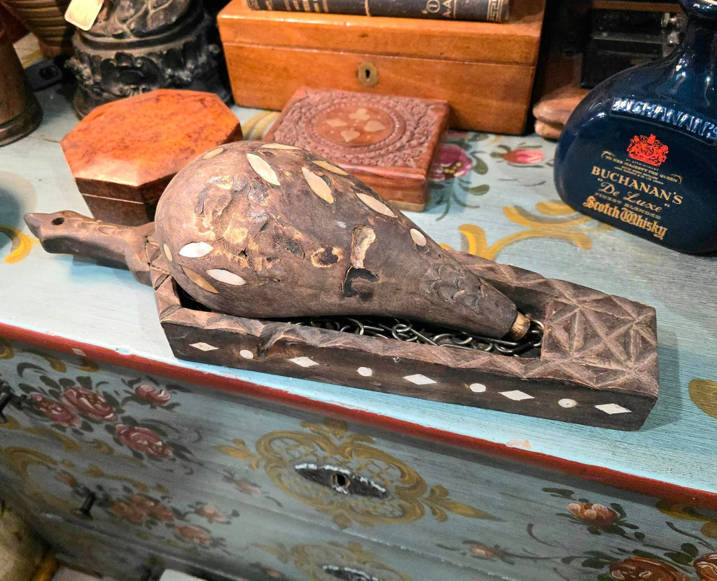Antique Hand carved Wooden Powder Flask with wooden base