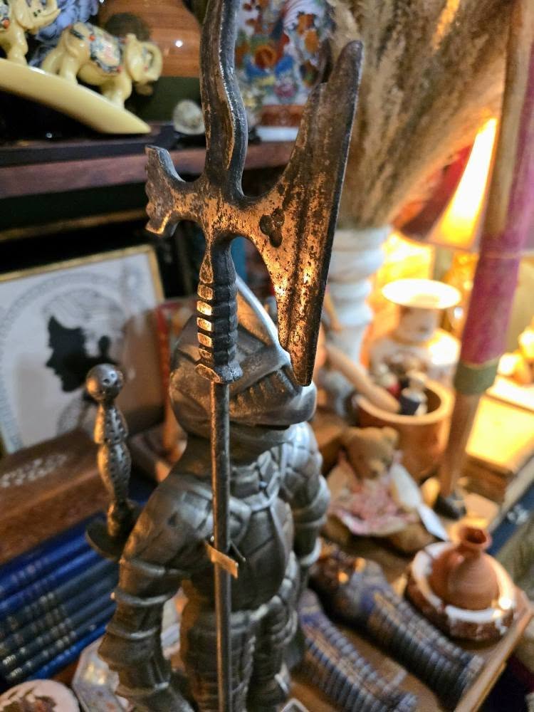 Antique Beautiful Victorian ornate knight soldier cast iron medieval theme fireplace set