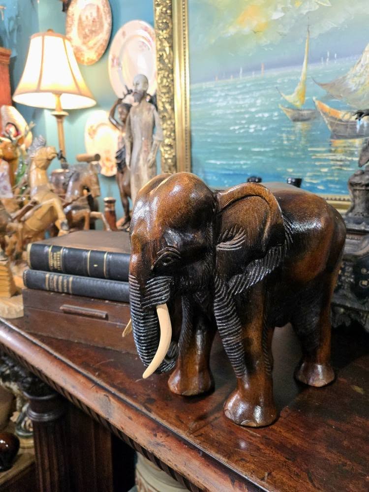 Vintage heavy wood hand carved elephant