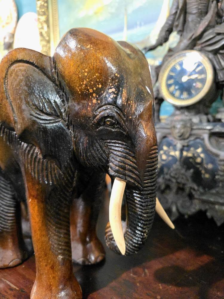 Vintage heavy wood hand carved elephant