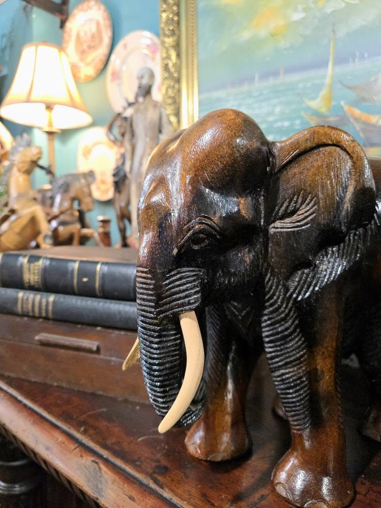 Vintage heavy wood hand carved elephant