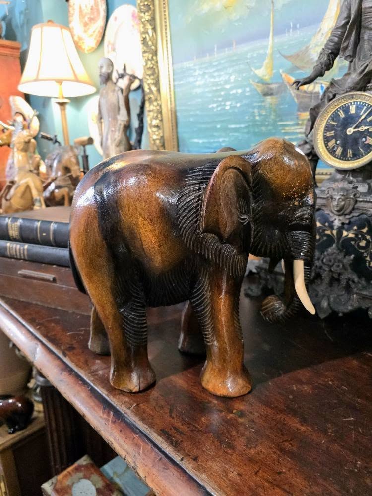 Vintage heavy wood hand carved elephant