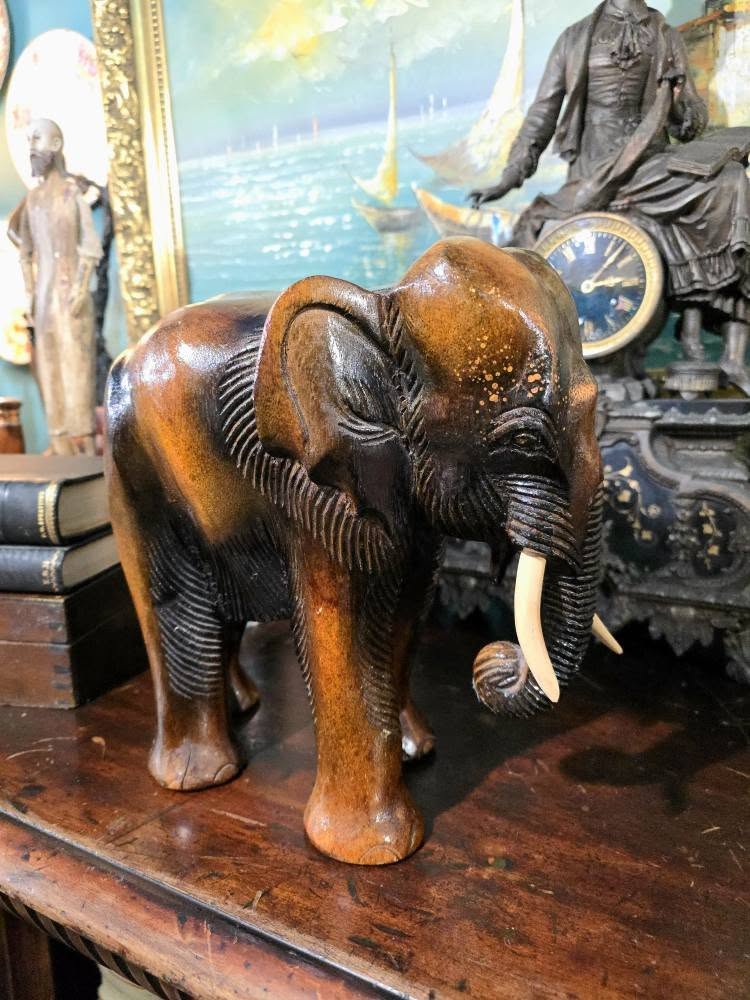 Vintage heavy wood hand carved elephant