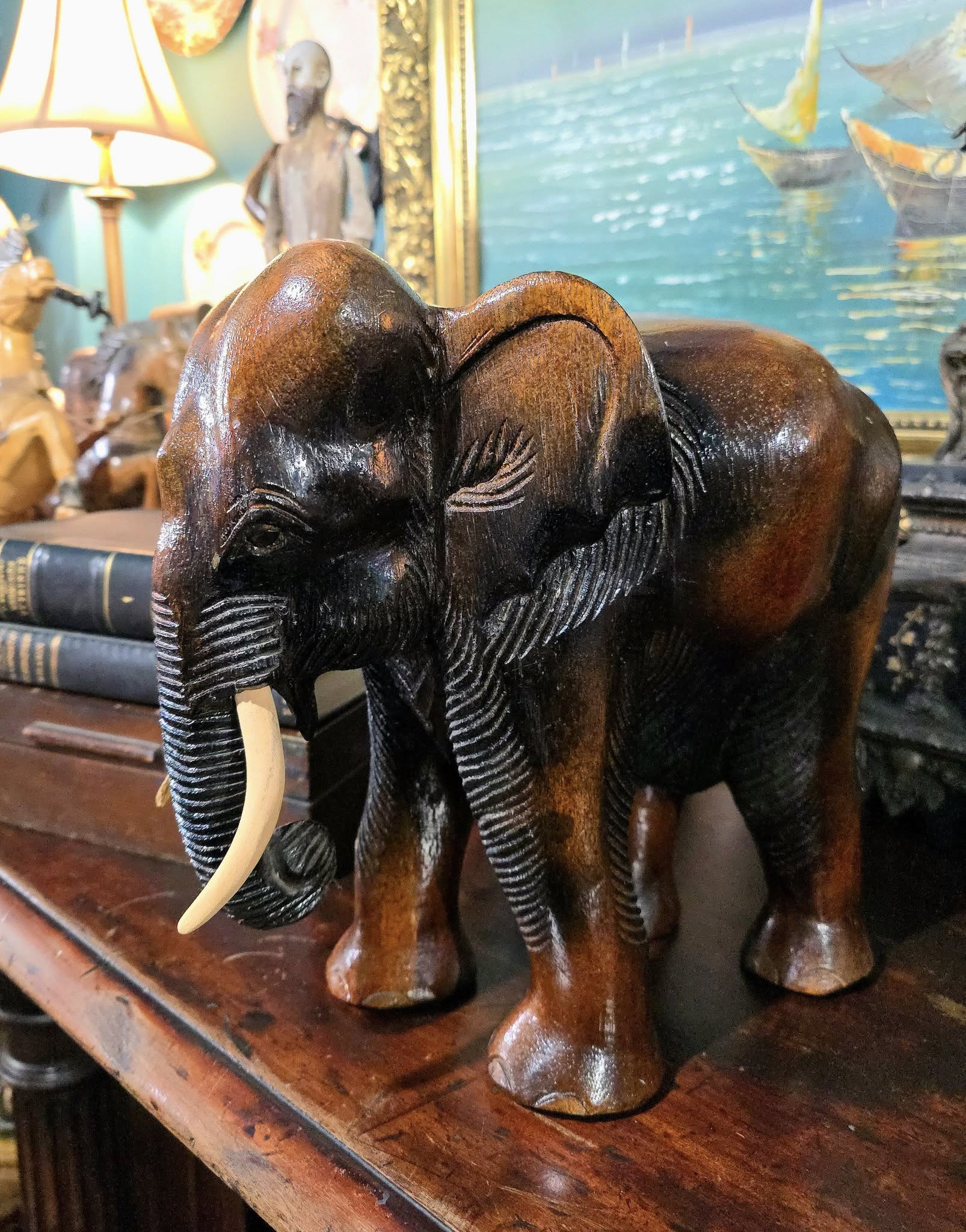 Vintage heavy wood hand carved elephant