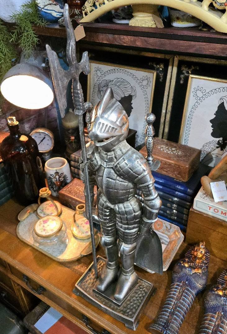 Antique Beautiful Victorian ornate knight soldier cast iron medieval theme fireplace set