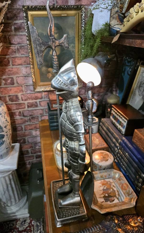 Antique Beautiful Victorian ornate knight soldier cast iron medieval theme fireplace set