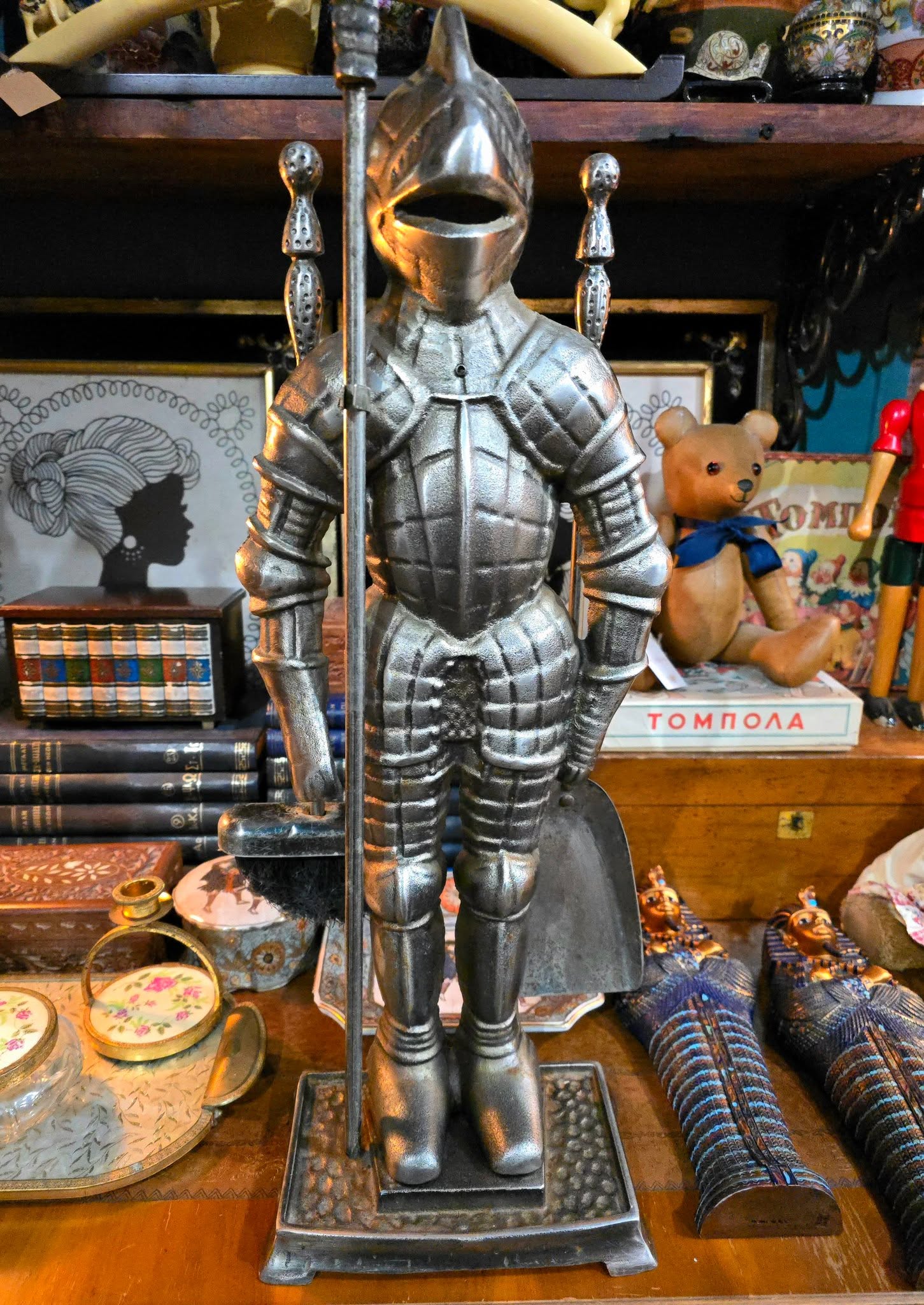 Antique Beautiful Victorian ornate knight soldier cast iron medieval theme fireplace set