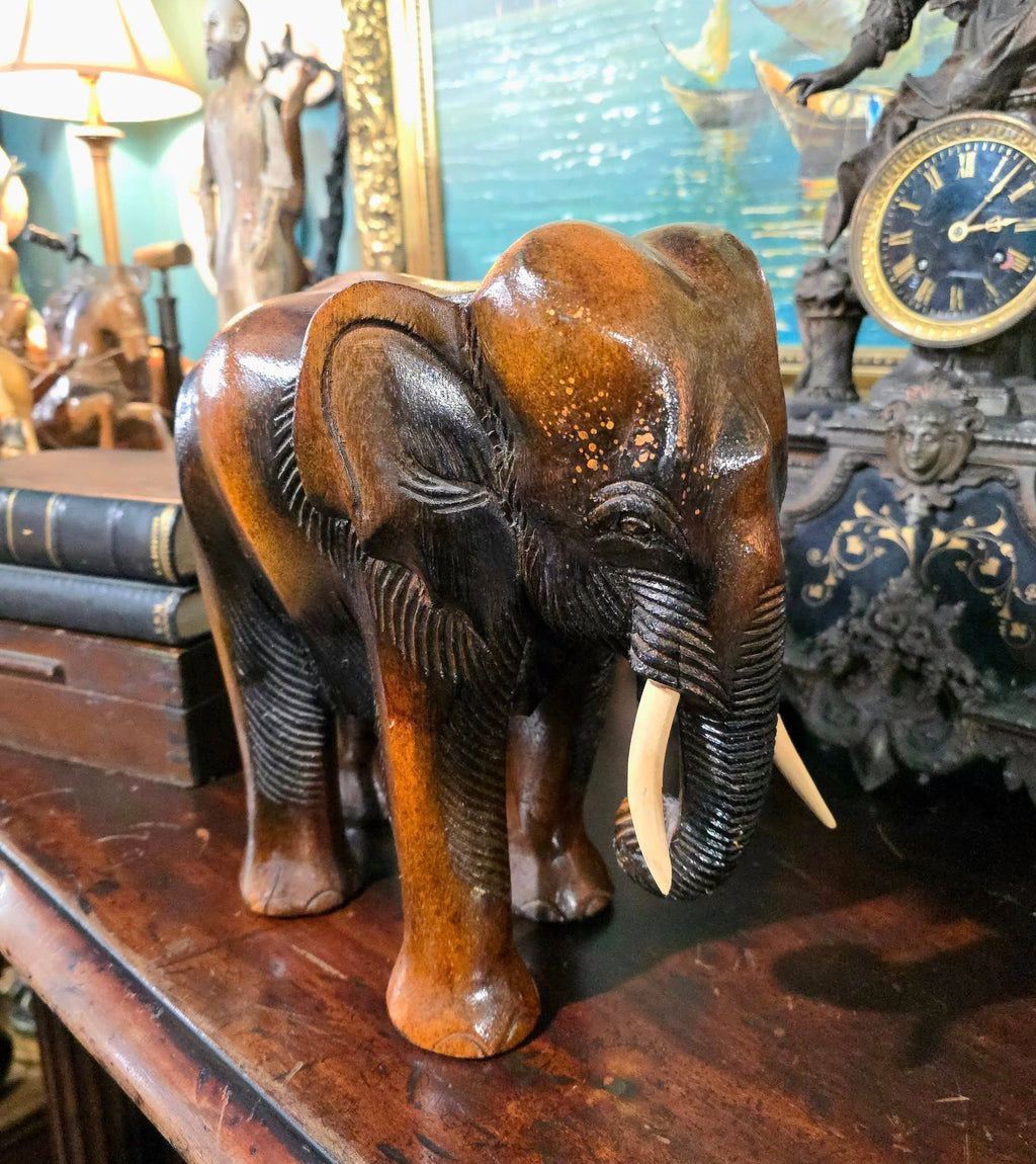 Vintage heavy wood hand carved elephant