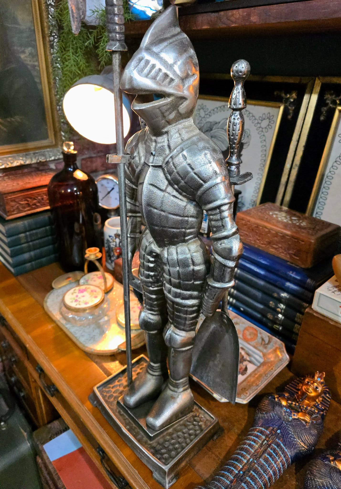 Antique Beautiful Victorian ornate knight soldier cast iron medieval theme fireplace set