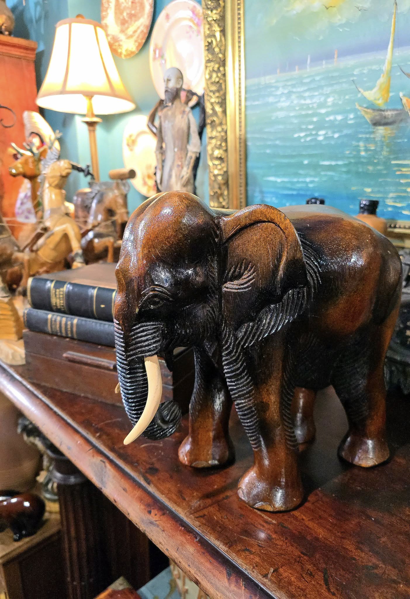 Vintage heavy wood hand carved elephant