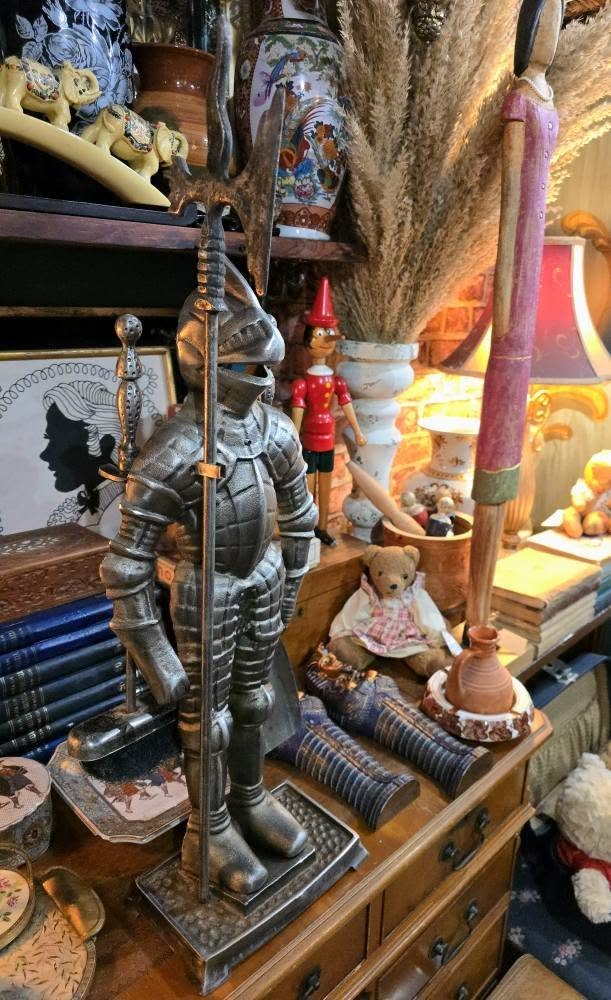 Antique Beautiful Victorian ornate knight soldier cast iron medieval theme fireplace set