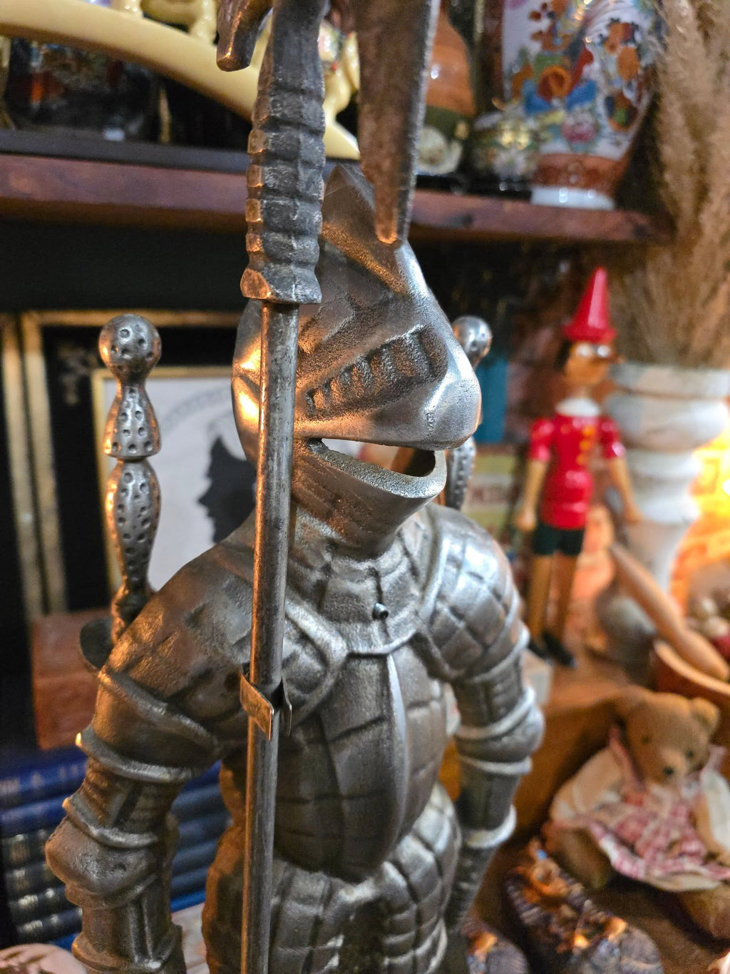 Antique Beautiful Victorian ornate knight soldier cast iron medieval theme fireplace set