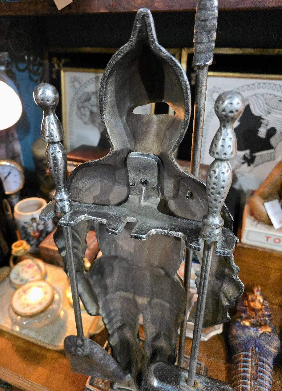 Antique Beautiful Victorian ornate knight soldier cast iron medieval theme fireplace set