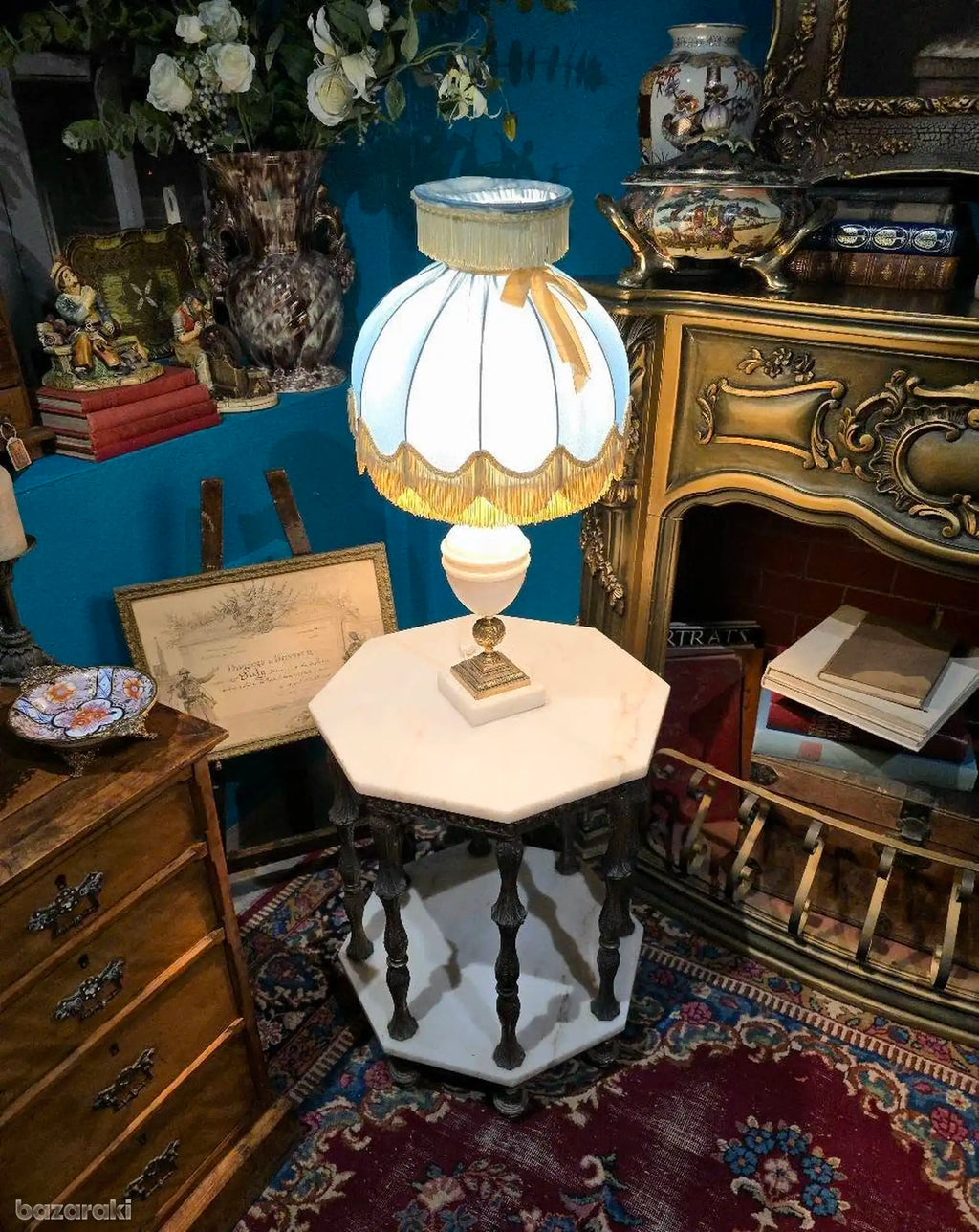 Antique hexagonal white marble top & brass base table