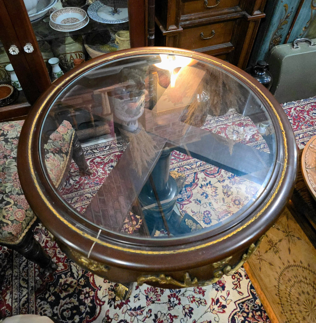 Vintage Baroque Style Glass Top Wooden Round Side Table
