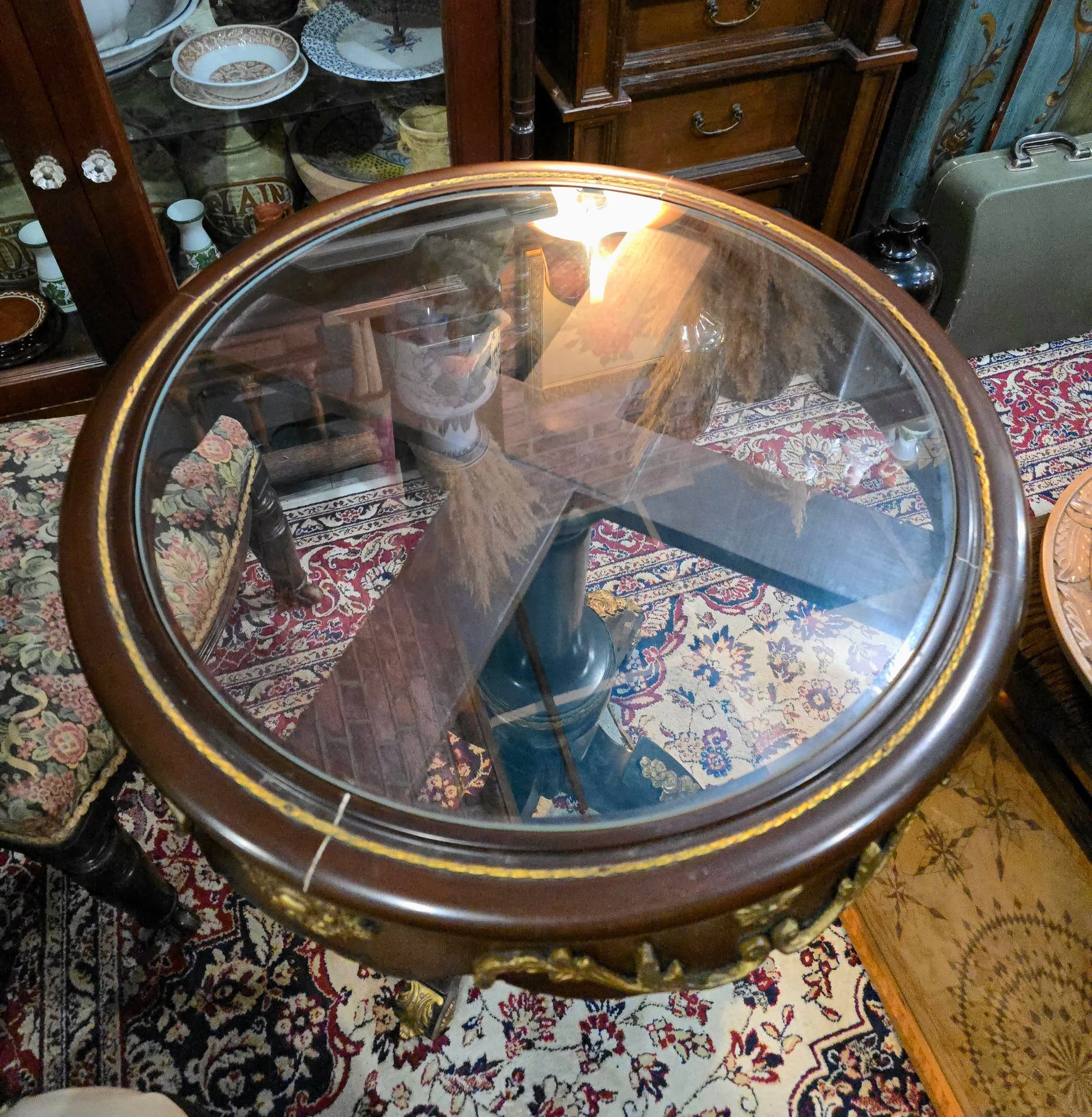 Vintage Baroque Style Glass Top Wooden Round Side Table