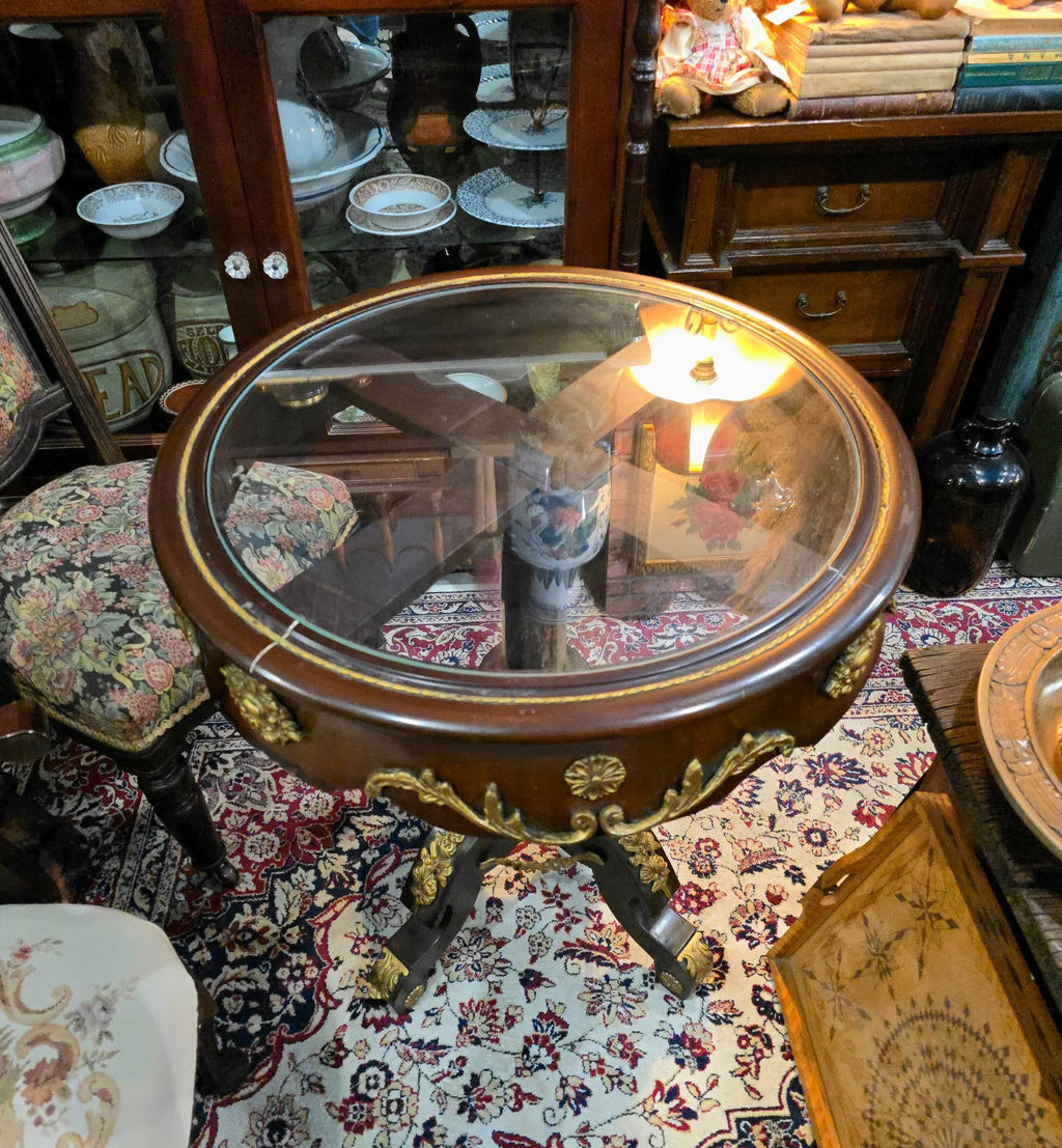 Vintage Baroque Style Glass Top Wooden Round Side Table