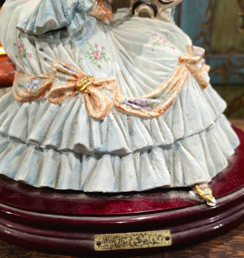 Vintage beautiful Italian Capodimonte Sabadin Vittorio Porcelain Figurine-Seated Lady with Harp