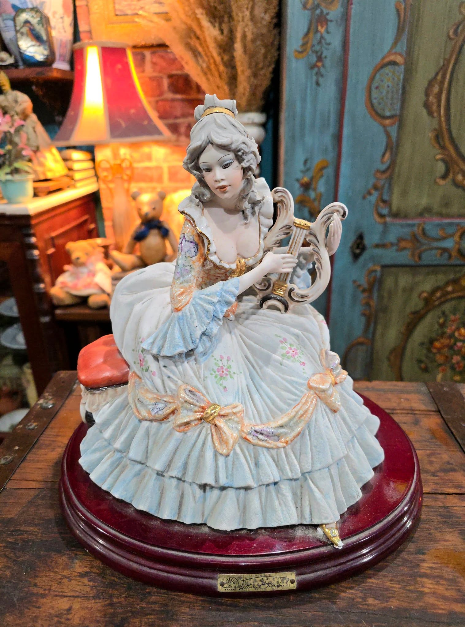 Vintage beautiful Italian Capodimonte Sabadin Vittorio Porcelain Figurine-Seated Lady with Harp