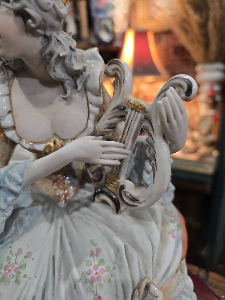 Vintage beautiful Italian Capodimonte Sabadin Vittorio Porcelain Figurine-Seated Lady with Harp