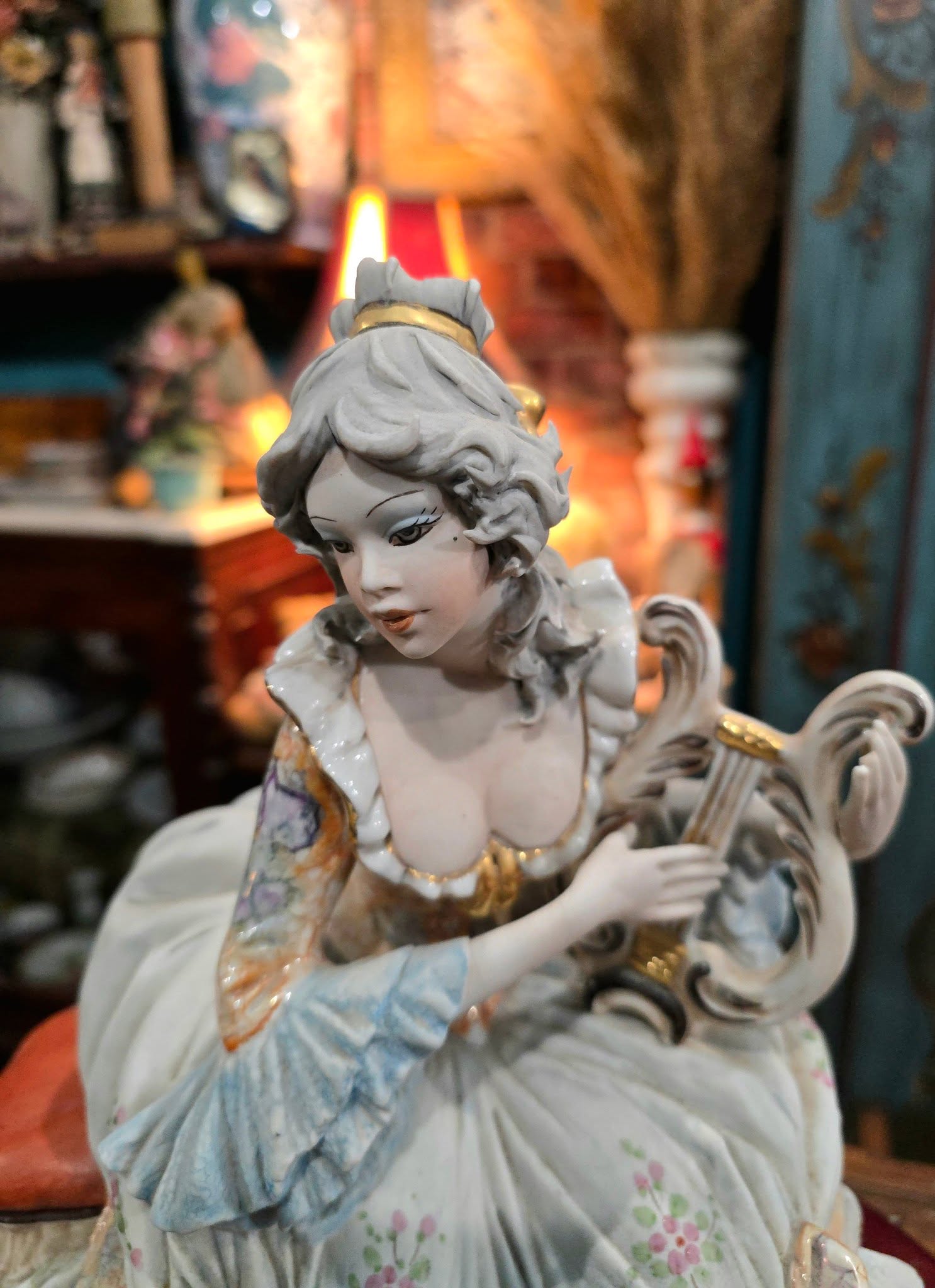 Vintage beautiful Italian Capodimonte Sabadin Vittorio Porcelain Figurine-Seated Lady with Harp