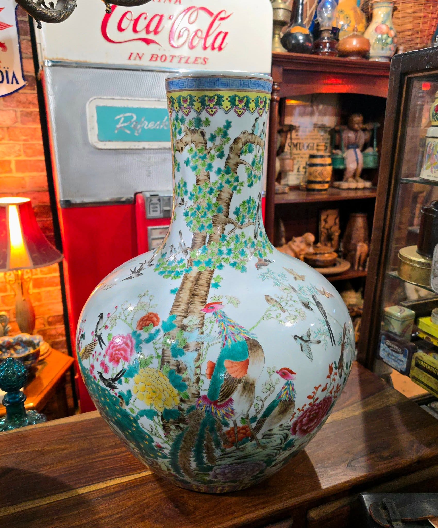 Antique large beautiful Qing Qianlong Pastel Porcelain "famille rose" Phoenix Birds Vase