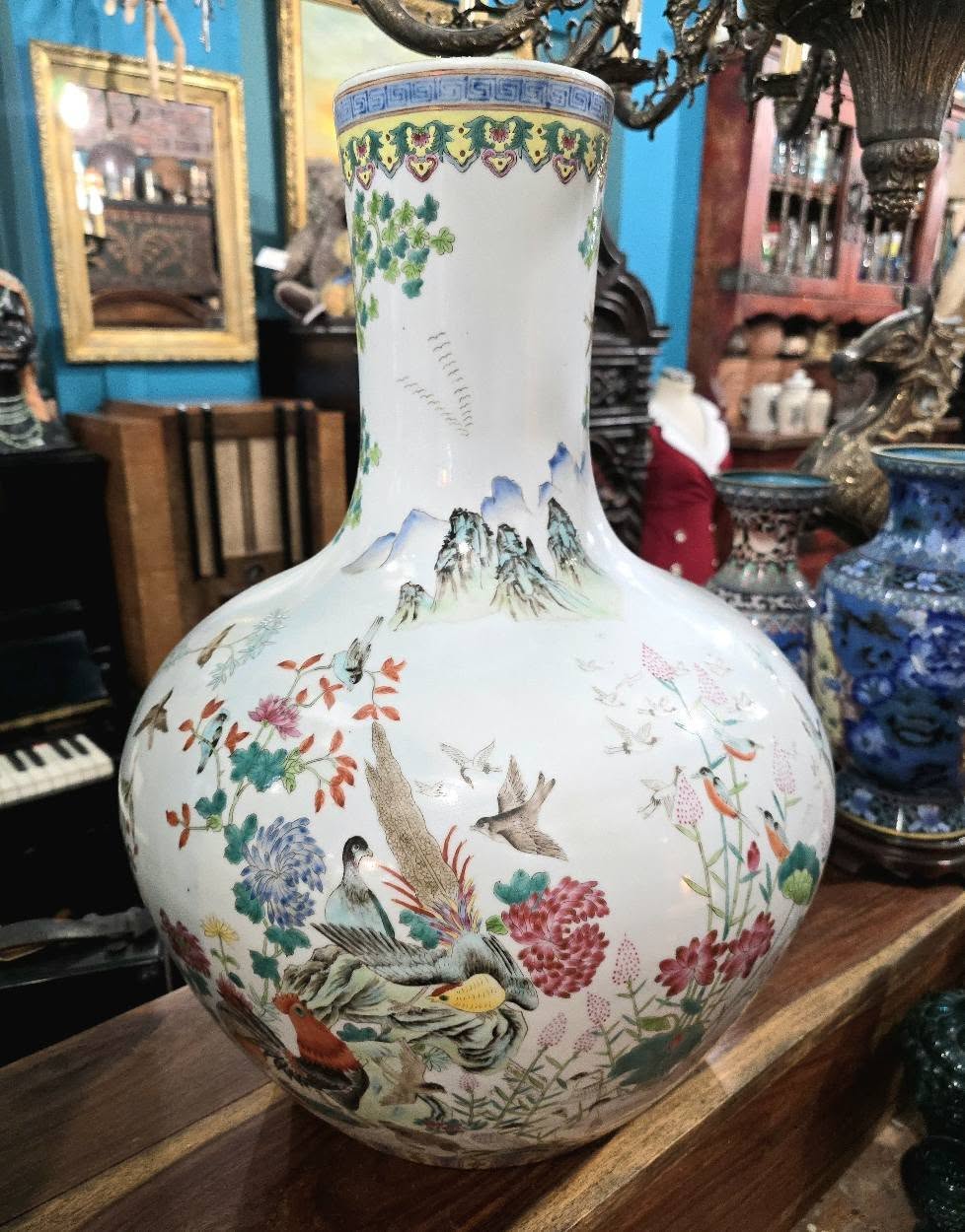 Antique large beautiful Qing Qianlong Pastel Porcelain "famille rose" Phoenix Birds Vase