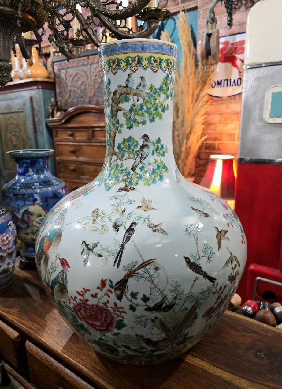 Antique large beautiful Qing Qianlong Pastel Porcelain "famille rose" Phoenix Birds Vase