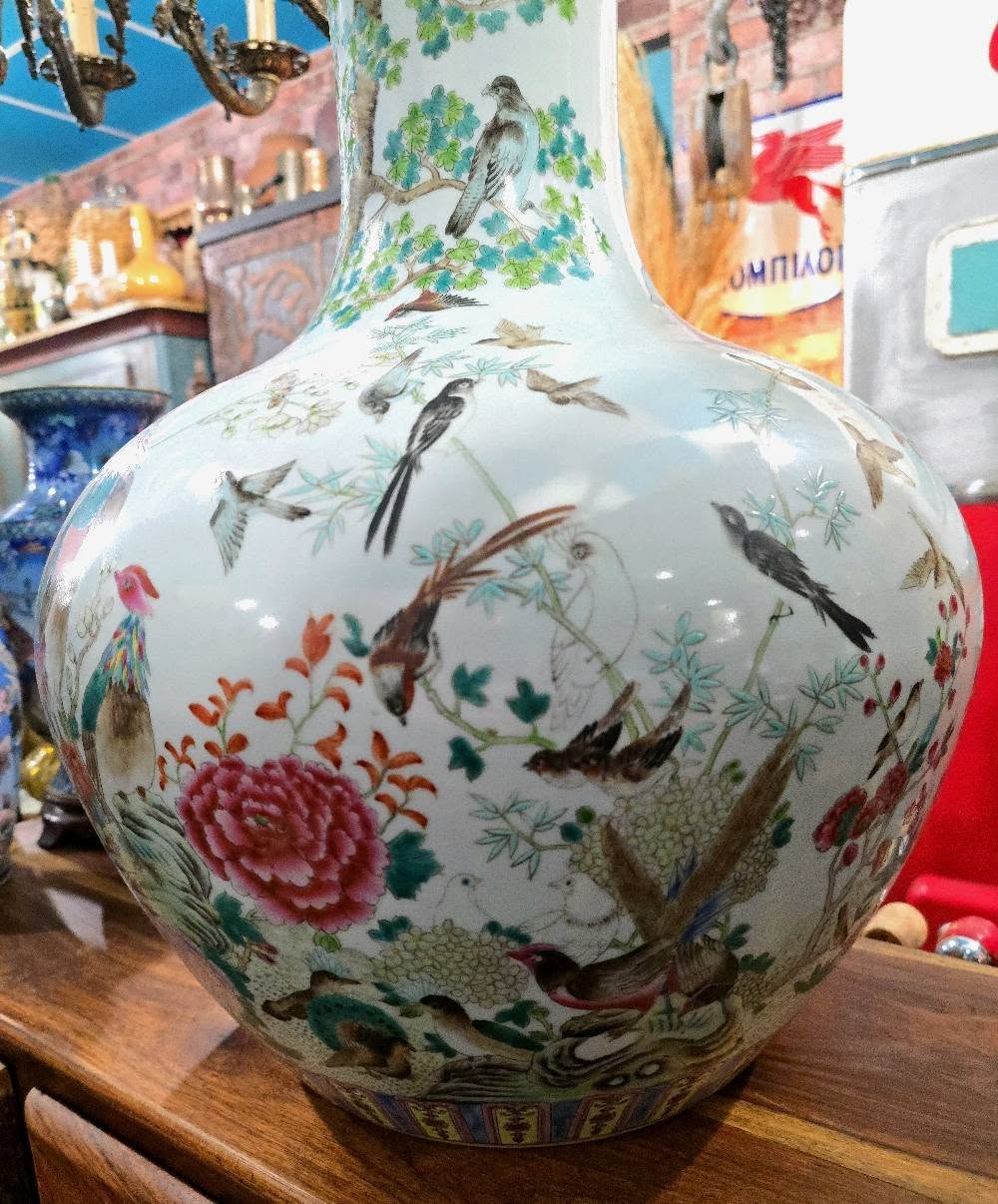 Antique large beautiful Qing Qianlong Pastel Porcelain "famille rose" Phoenix Birds Vase