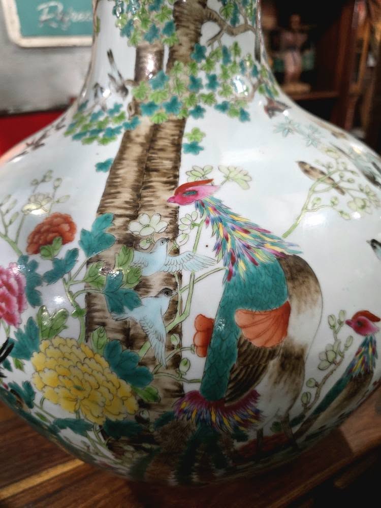 Antique large beautiful Qing Qianlong Pastel Porcelain "famille rose" Phoenix Birds Vase