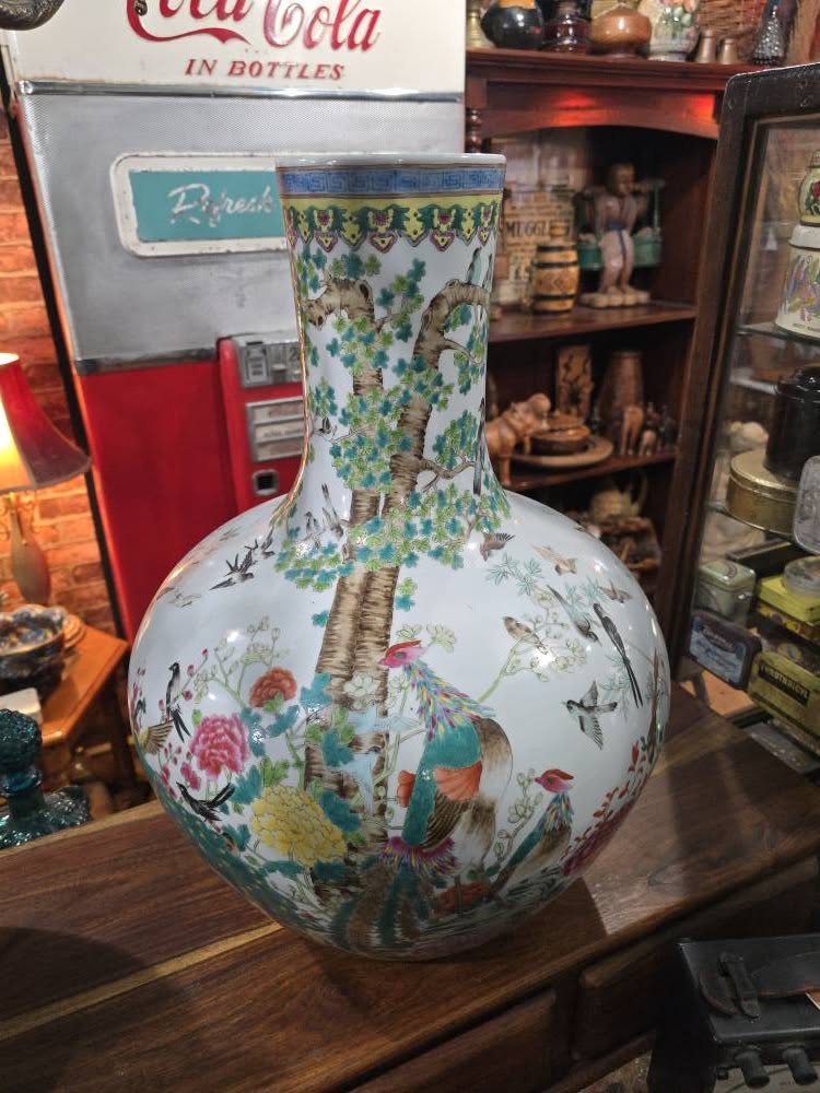 Antique large beautiful Qing Qianlong Pastel Porcelain "famille rose" Phoenix Birds Vase