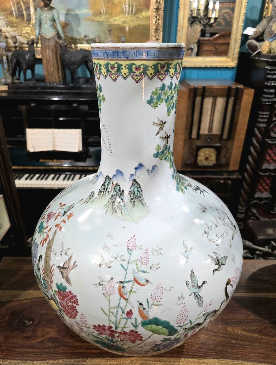 Antique large beautiful Qing Qianlong Pastel Porcelain "famille rose" Phoenix Birds Vase