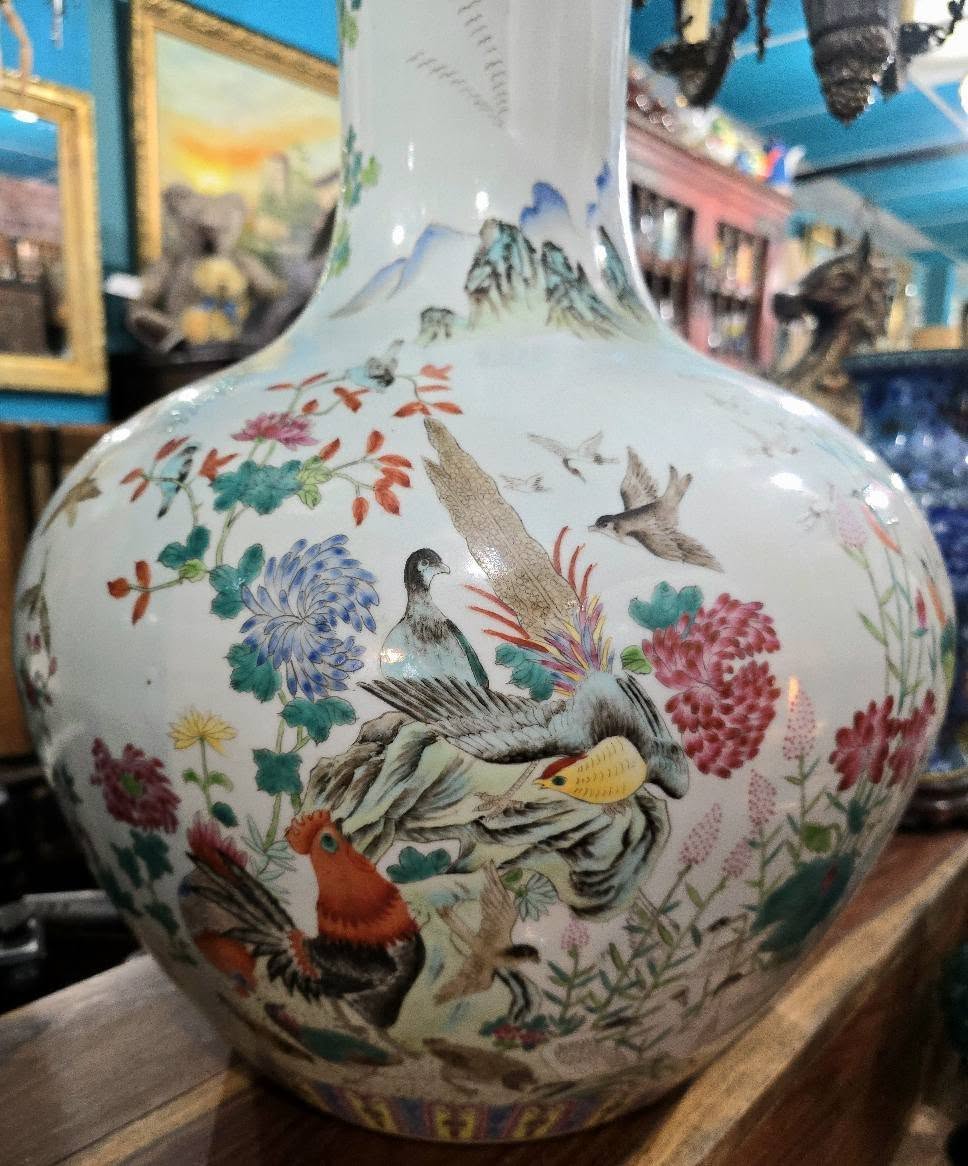 Antique large beautiful Qing Qianlong Pastel Porcelain "famille rose" Phoenix Birds Vase