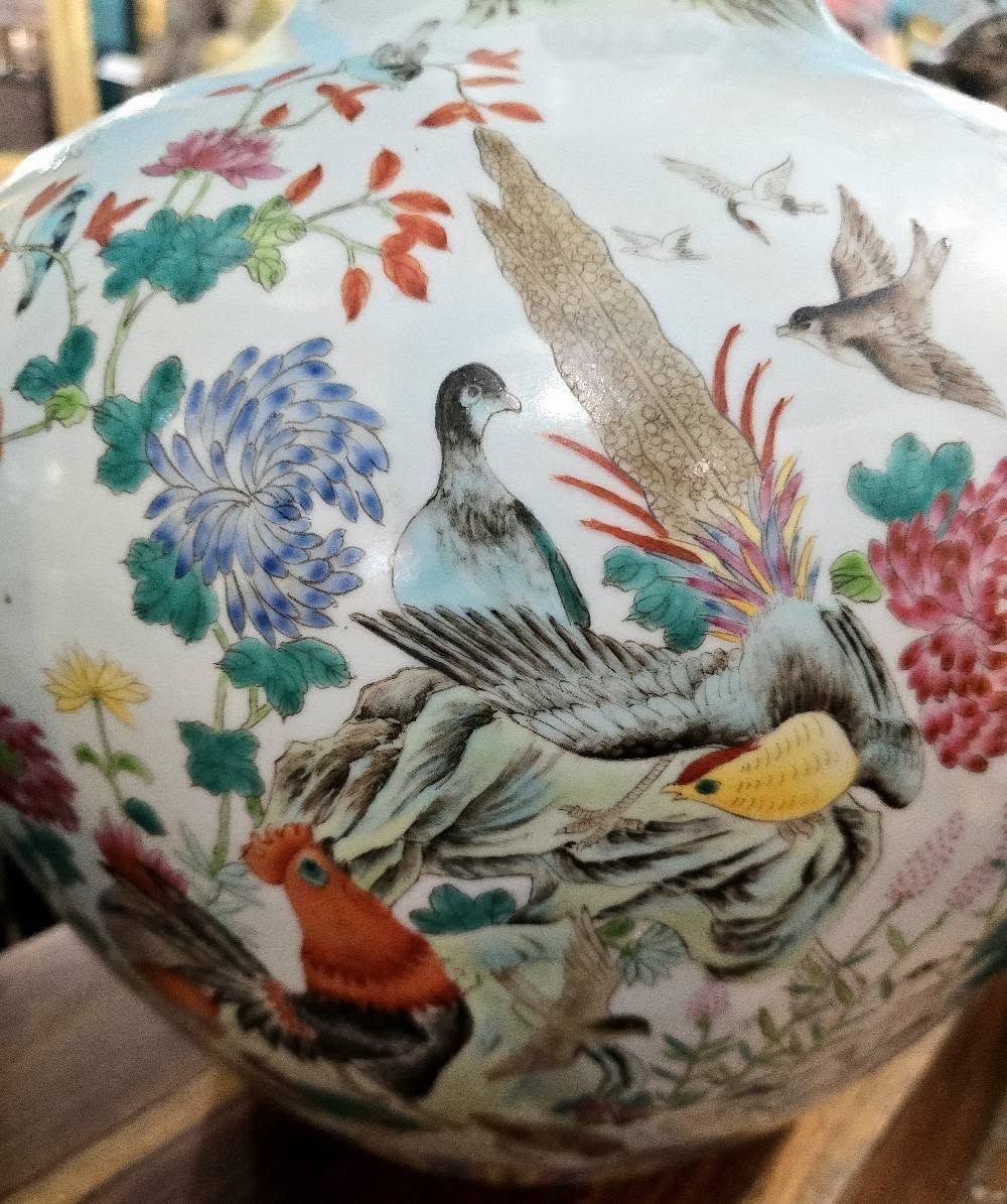 Antique large beautiful Qing Qianlong Pastel Porcelain "famille rose" Phoenix Birds Vase